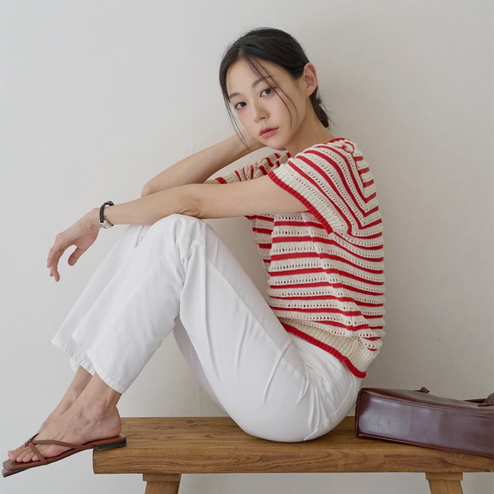 ヘニーベン配色ストライプパンチングラウンド1/2ニット