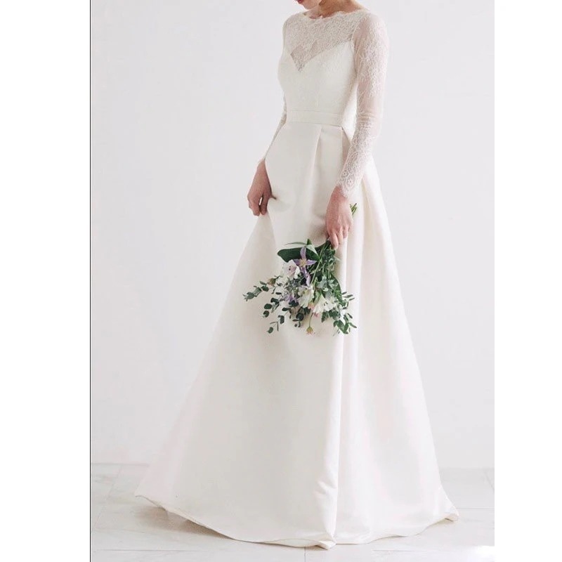 Aライン ウェディングドレス 長袖 ウエディングドレス ワンピース ロング 編み上げタイプ 前撮り