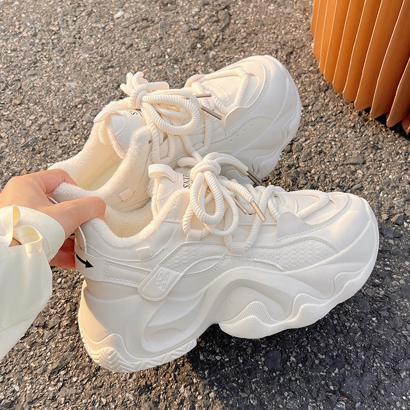 秋冬用ダッドシューズ女性用厚底身長アップホワイトシューズベルベットコットンシューズ2025年新作カジュアル万能スポーツシューズ