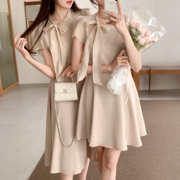 (韓国製)（国内製作）（ミニ＆ロング／ロマンティック／夏のお呼ばれコーデ）2丈 リボンストラップ フレアワンピース op16392