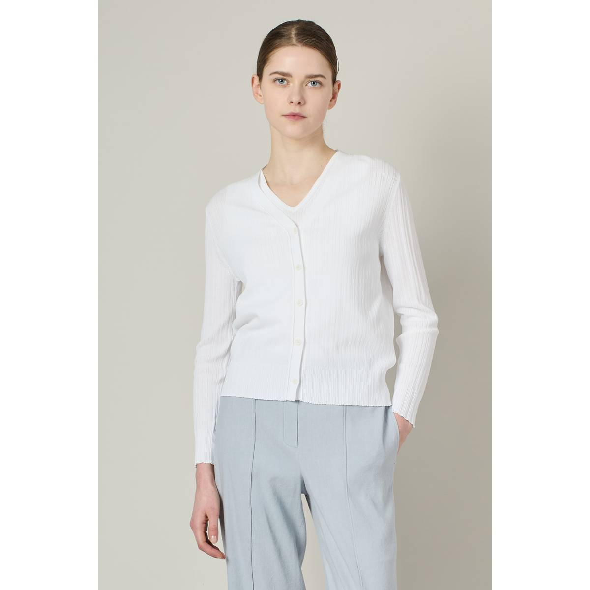 [韓国オフィスコーデ きれいめ] リブ変形ツインカーディガン