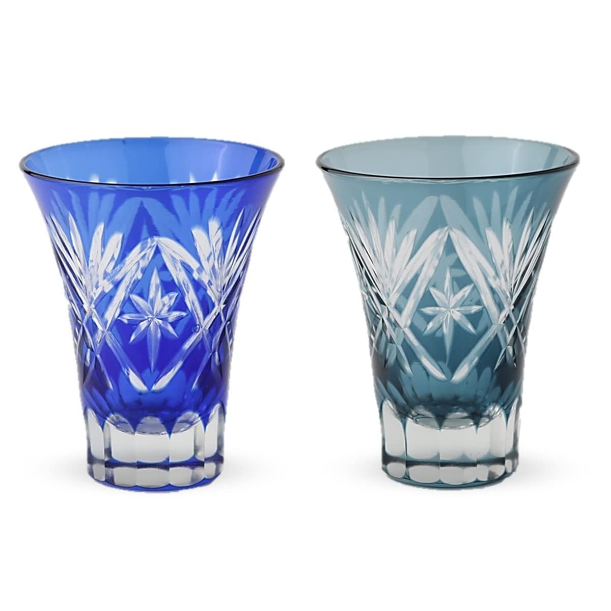 J-kitchens レトロ 切子 ペア グラス カップ 冷酒 盃 径6.2×7.8cm 60cc 星扇 ブルー & インクブルー 華匠 Current Model