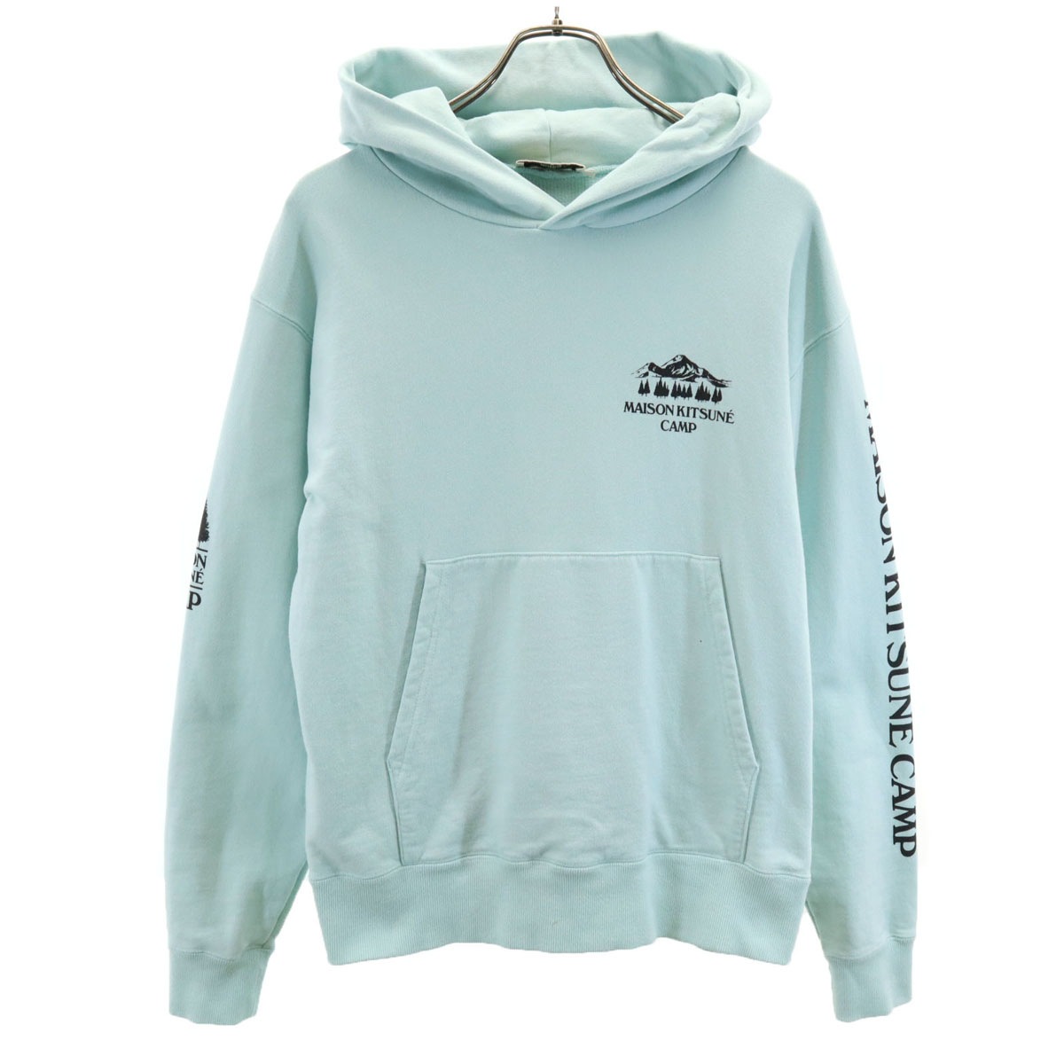 日本製 バックプリント 長袖 バックプリントプルオーバー スウェットパーカー S ライトブルー KMM32760 メンズ 古着