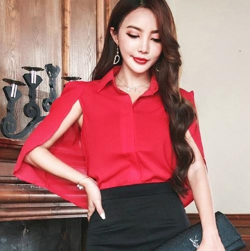 2201.袖スリット シフォン シャツ トップス(レッド)