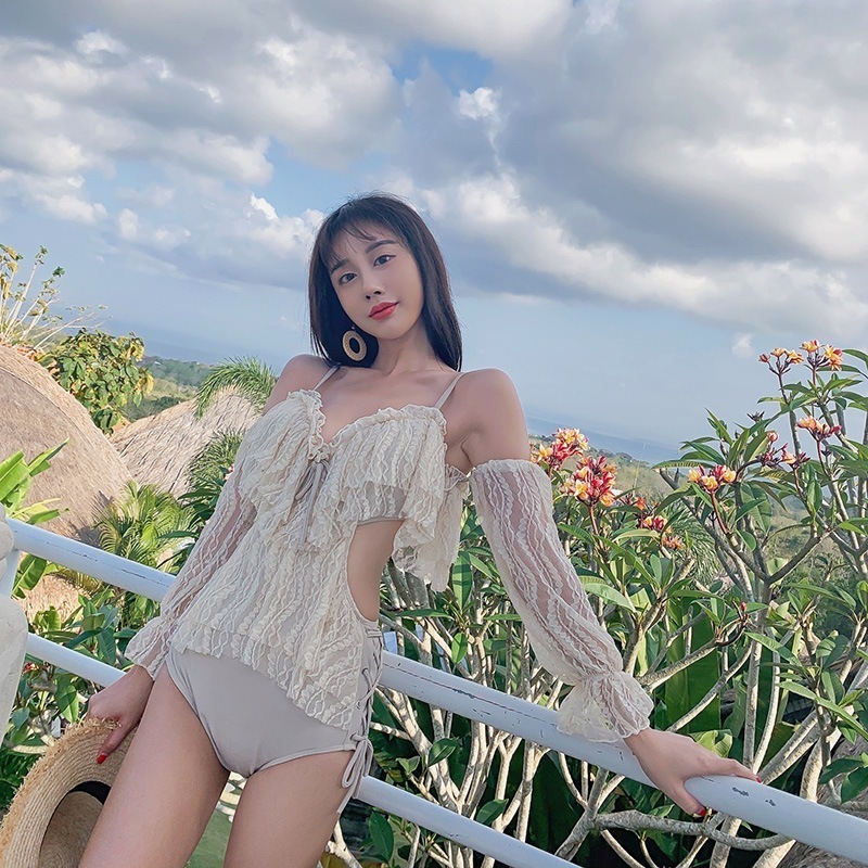 水着 ワンピース水着 体系カバー水着 ワンピース オフショルダー オフショル 体系カバー 二の腕カバー 長袖 リボン レース フリル レースアップ バックシャン バックコンシャス ハイウエスト シース