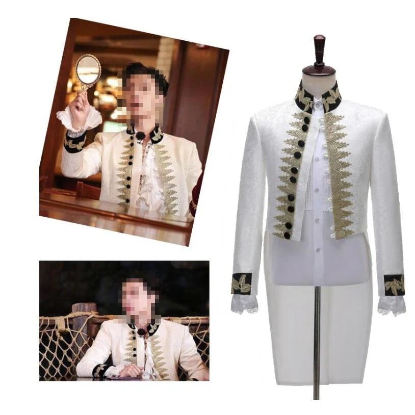 メンズ 礼服 欧米 ヨーロッパ風 フロックコート タキシード 王子様 コスチューム 舞台演出服 ステージ衣装 ロング丈 ジャケット 刺繍縁取り 花柄 ジャカード生地30%までに制限