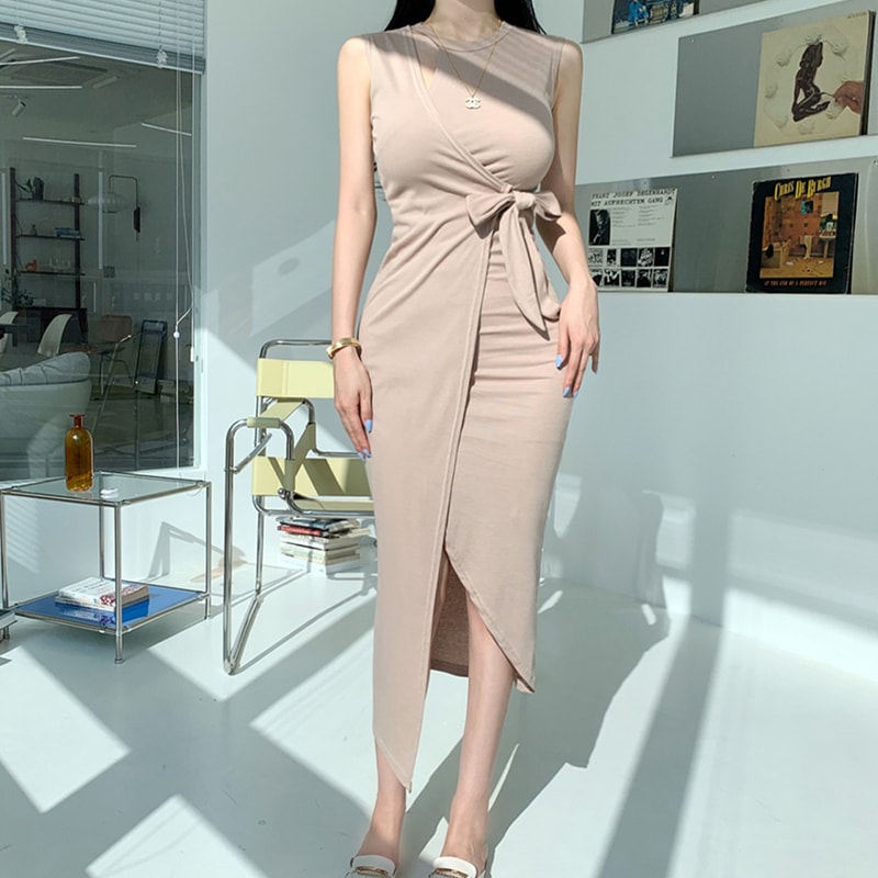 個性的 ハイウエスト 韓国風 アシンメトリー アシメ スカート ワンピース デート タイトワンピース ミモレ ミモレ丈 ノースリーブ ラウンドネック 襟なし タイト リボン ウエストリボン スリット