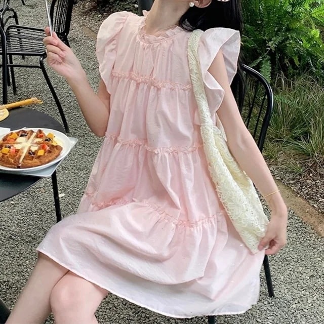 2024 春夏ワンピース ミニ丈 ラウンドネック ノースリーブ ゆったり 細見え 夏 水色 白 おしゃれ かわいい キュート 甘め カジュアル 韓国ファッション レディース お出かけ安い