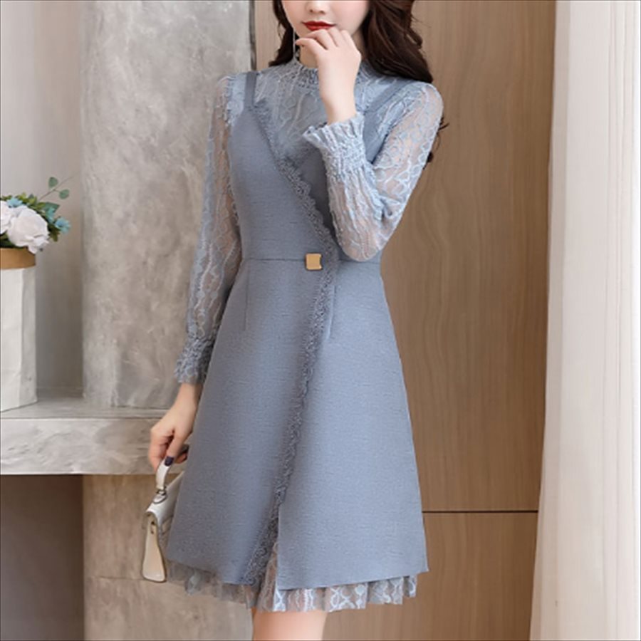 ロングドレス 3色 ワンピース ドレス dress 衣装 パーティドレス カラードレス ロング ロング丈 膝丈 ひざ丈 袖あり 長袖 クルーネック Aライン フレア レース エレガント 7,633円