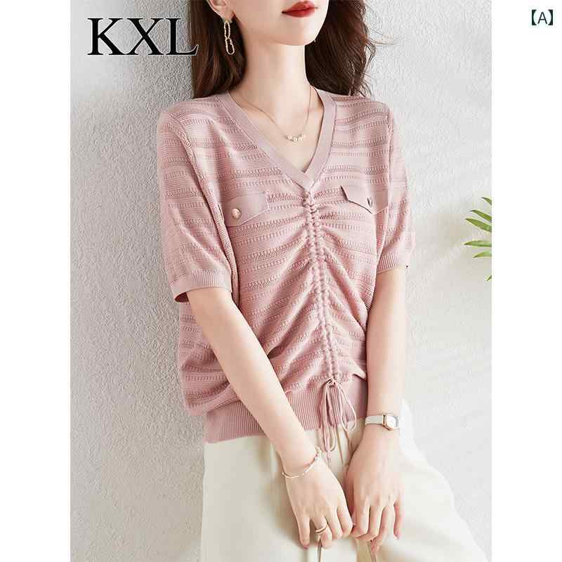 トップス レディース おしゃれ 上品 通勤 オフィス カジュアル 夏 薄手 涼しい 涼しい ひんやり 快適 ニット 半袖 Tシャツ シック 美しい シャツ