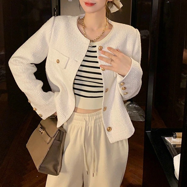 （細工が凝っている）小さなxiangスタイルの短いジャケット女性春と秋2025年2025年の新しい韓国のハイエンドの有名人のエレガントな気質長袖トップ