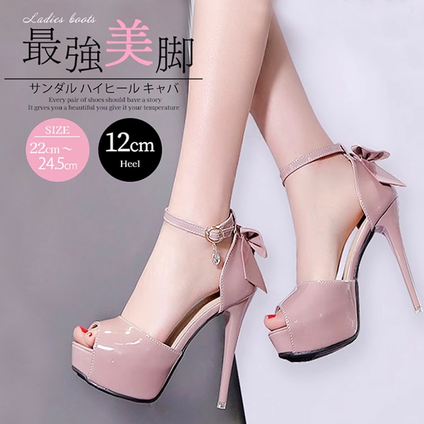 サンダル ハイヒール キャバ ストラップサンダル パーティーサンダル レディース オープントゥ ピンヒール リボン ストーム ヒール12cm 美脚 大人 かわいい パーティー 結婚式 二次会 ブラック