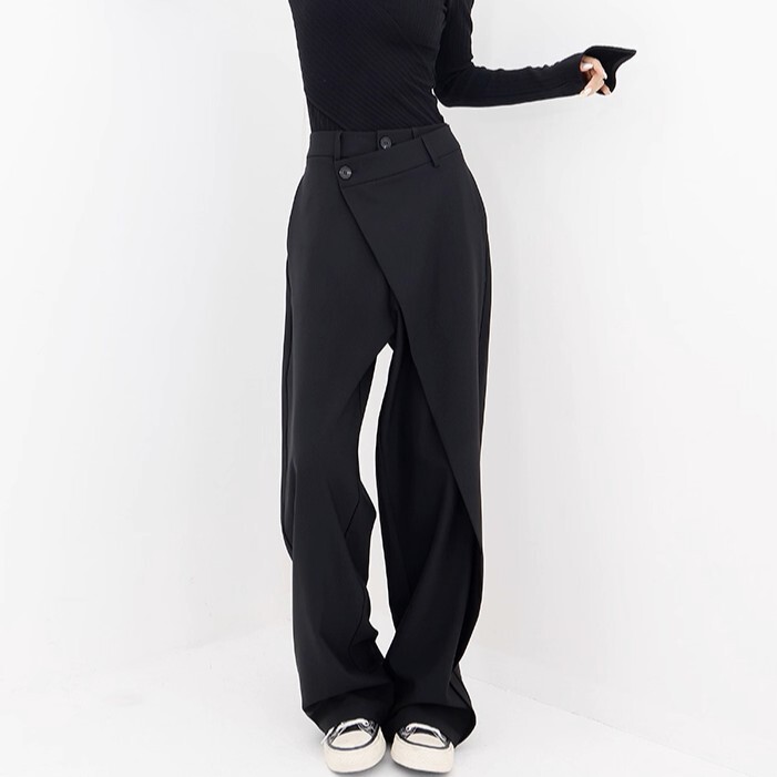 レディース パンツ ボトムス ストレートパンツ ロングパンツ ロング ストレート Iライン アシンメトリー ボタン 薄手 かわいい 大人可愛い きれいめ シンプル 上品 おしゃれ かっこいい こなれ感