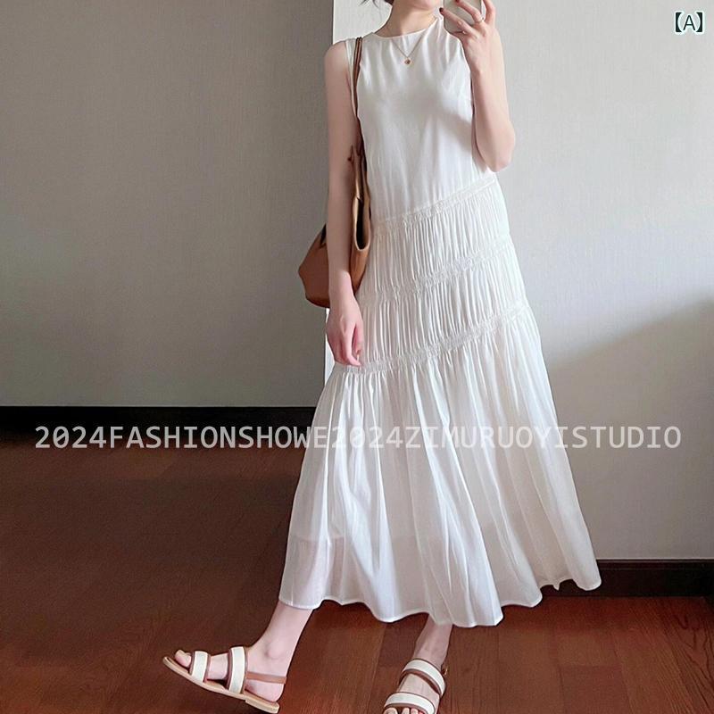 スカート　ドレス　ノースリーブ 女性用 ホワイト ドレス ハイエンド夏 スタイル ヘビー プリーツ ホリデー ノースリーブベスト ロング スカート