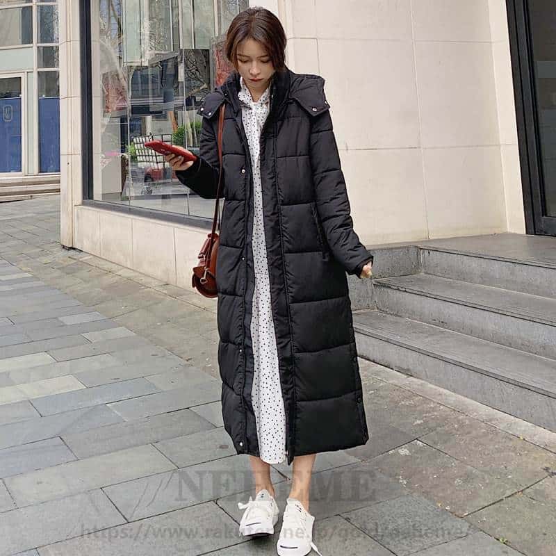 3色 ロングダウン もこもこアウター 中綿コート フード付き ぺディン スタンドカラー 大人可愛い カジュアル ホワイト レッド ブラック 上着 ロングダウン ポケット ボタン ジッパー ジップ カジ