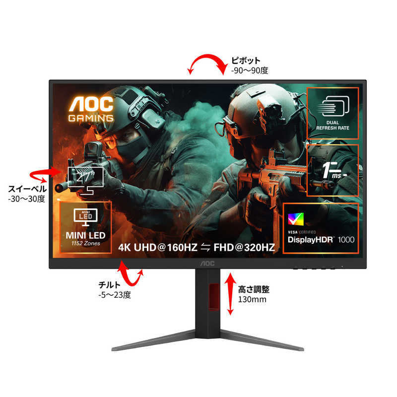 AOC　U27G4XM/11 Fast IPS with MiniLED/320/1ms/P対 [ 27型 / 4K(3840×2160) / ワイド ]