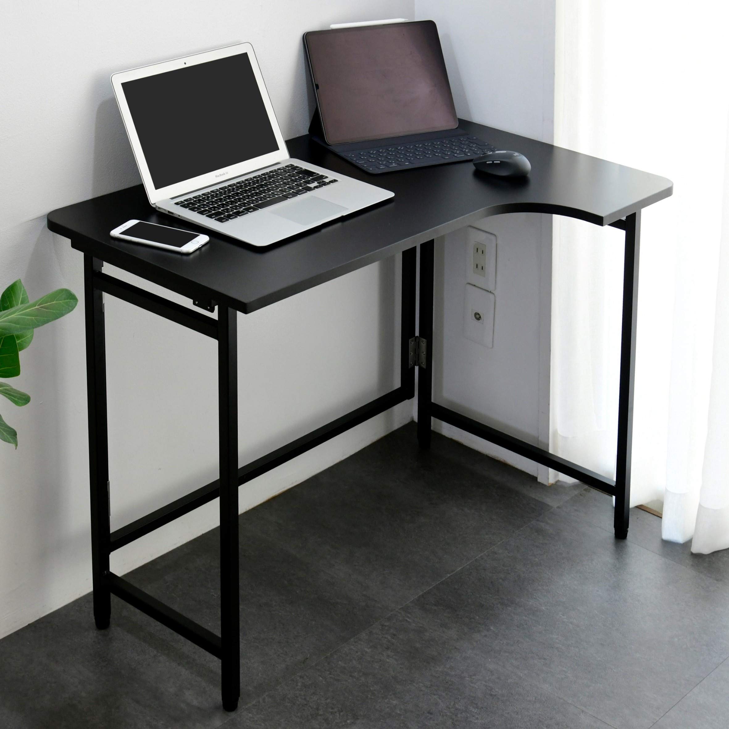 山善 デスク (L字デスク) 折りたたみ 傷・汚れ・水分・熱に強い天板 なめらかな表面 角が丸い アジャスター付き 幅90×奥行60×高さ70.5cm 完成品 ブラック/ブラック 10650