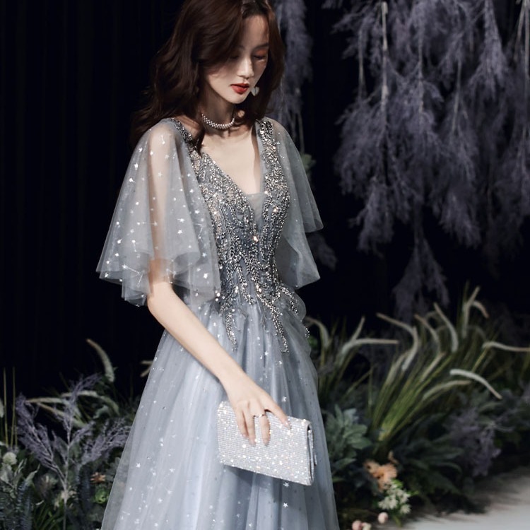 イブニングドレス2024夏ディープVネック気質ロングアート試験卒業イブニングドレス新年