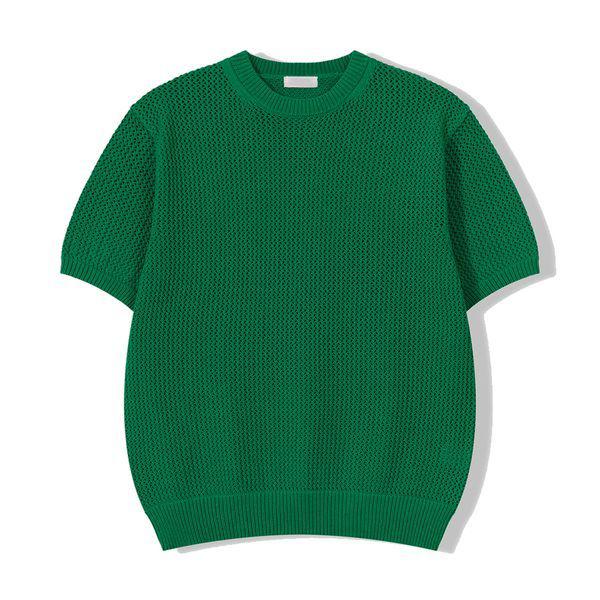 メンズプレミアムネットラウンドネック半袖ニットTシャツ GN KNH Q011 グリーン_P417773528