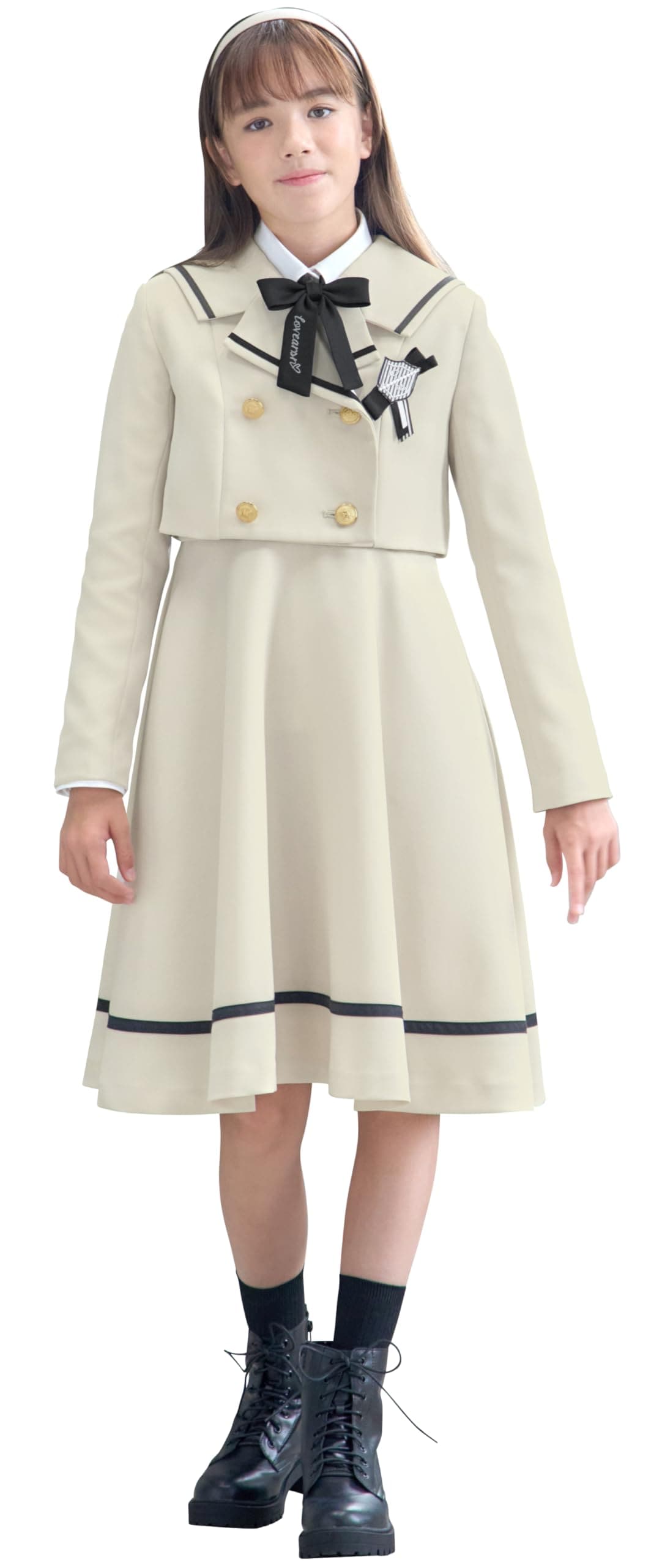 [アリサナ] 卒業式 小学生 女の子 スーツ 子供服 フォーマル ジェニファー (ジャケット+ジャンパースカート+ブラウス+リボンタイ+ワッペン) ベージュ 160cm