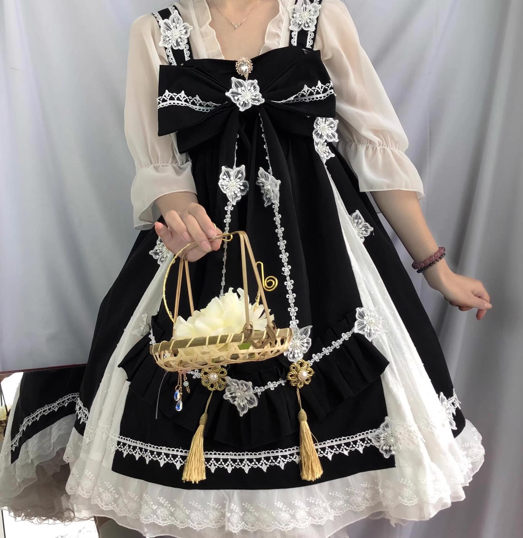 ロリータ ワンピース ジャンパースカート ブラウス付き2点セット 女性 大人 ジュニア ミドル丈 Ａライン お姫様 ロリータ ドレス 裾にレース レースの花 大きい蝶リボン Lolita 甘ロリ ゴス