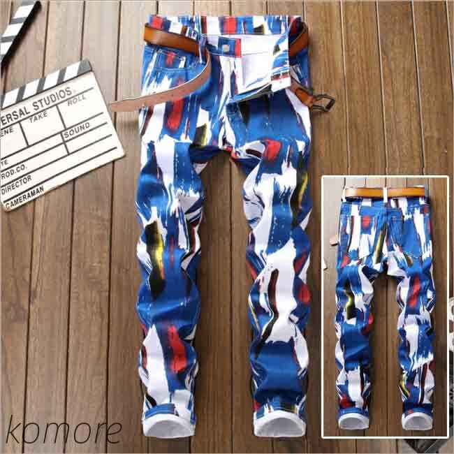 メンズスキニー デニムパンツ ジーンズ 花柄 プリント ボトムス ウォッシュ ストレッチ アメカジジーパンツ 個性 派手 スリム
