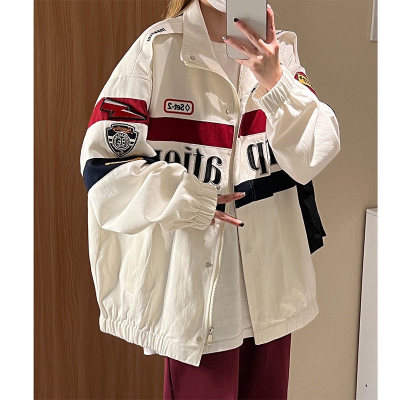 アメリカンレトロバイカースーツジャケットメンズ秋の新しいハイストリート潮プレート刺繍トップカップルルーズレジャージャケット