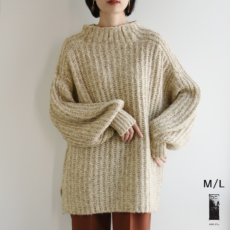 ローゲージミックスカラーニット トップス ニット レディース 冬 ローゲージニット 秋 ミックスカラー ボリュームスリーブ スリット お洒落 大人かわいい カジュアル ウォッシャブルニッ