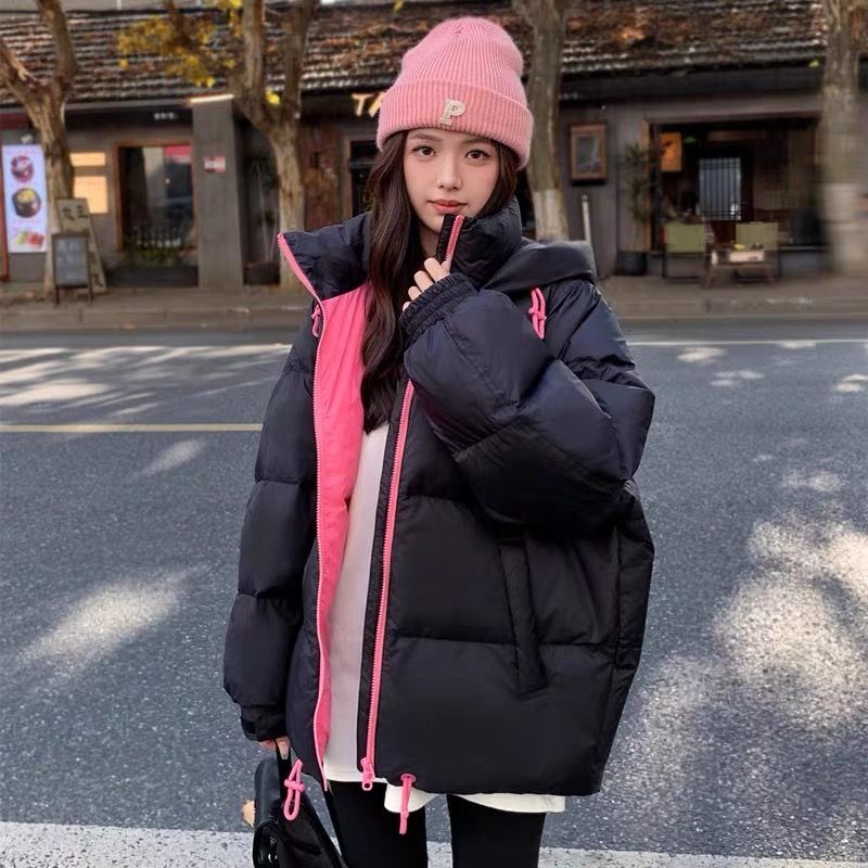 ファッションの爆発的なダウンジャケット女性の新型冬はゆったりとした帽子を厚くして色をぶつける韓国版白鴨絨毯パン服コート