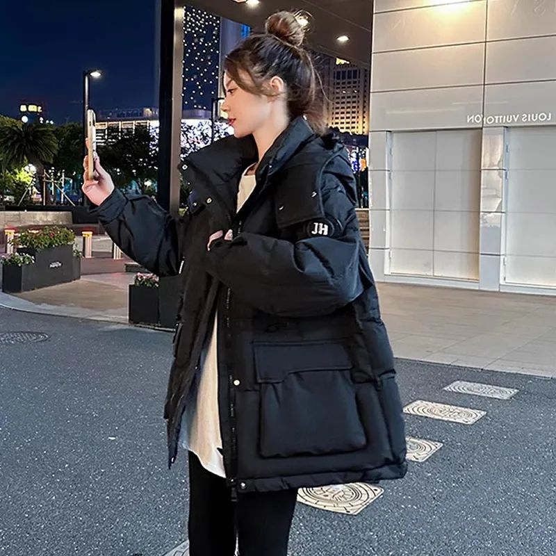 ダウン綿服女性2024年冬の新型ファッションゆるい中長タイプウエストフード付き綿服フード付きコートブーム
