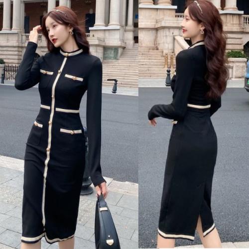 【即納】ニット ワンピース タイト 黒 長袖 秋 春 タイトスカート 韓国 レディース フォーマル 無地 ラウンドネック 冬 膝下丈 可愛い ゴールドボタン 上品 きれいめ 同窓会 謝恩会 バイカラー