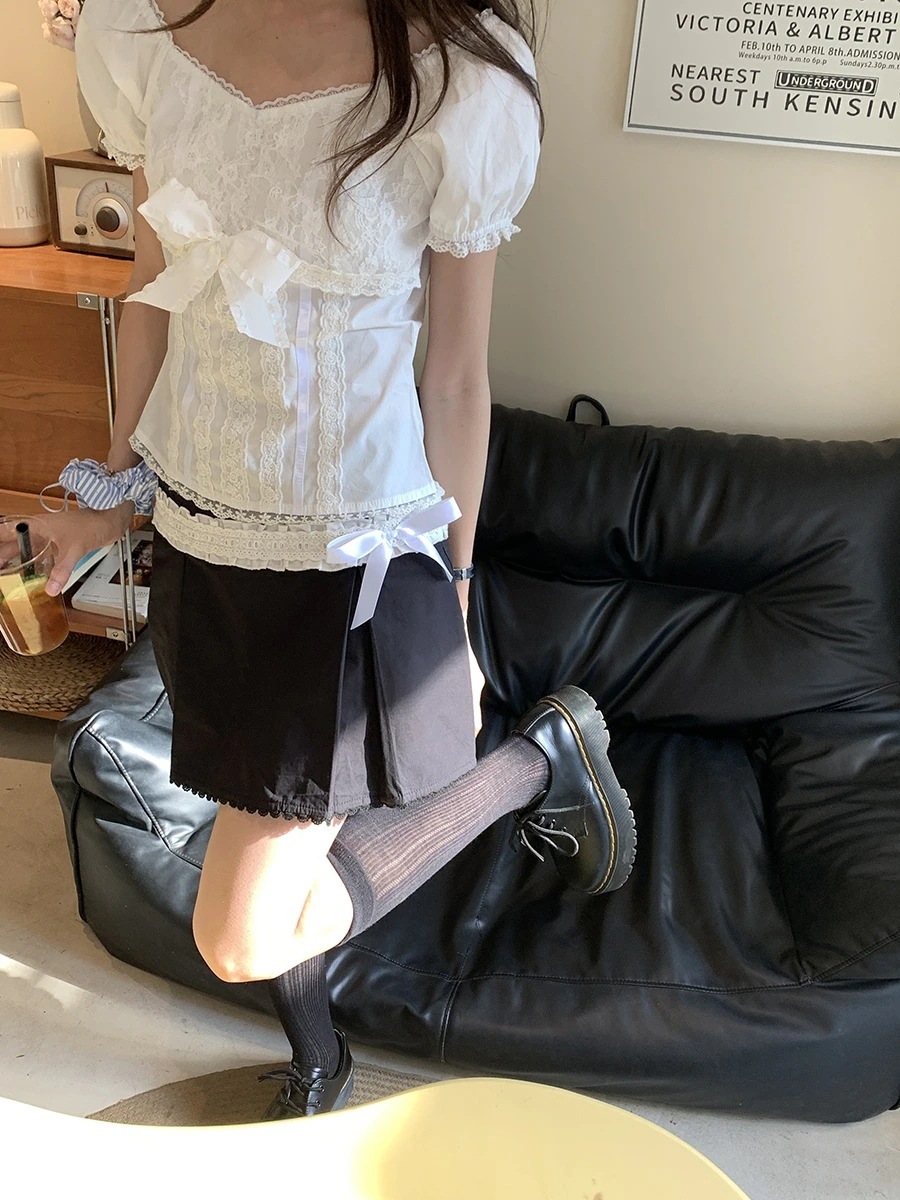 パレス風ワンショルダーレース刺繍レーストップスリボン付きスクエアカラーパフスリーブシャツレディース