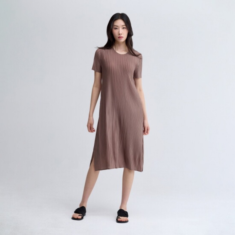 プリーツミ 女性用 Aライン フォールディング ラウンドネック ショートスリーブ ワンピース EPOPM225025
