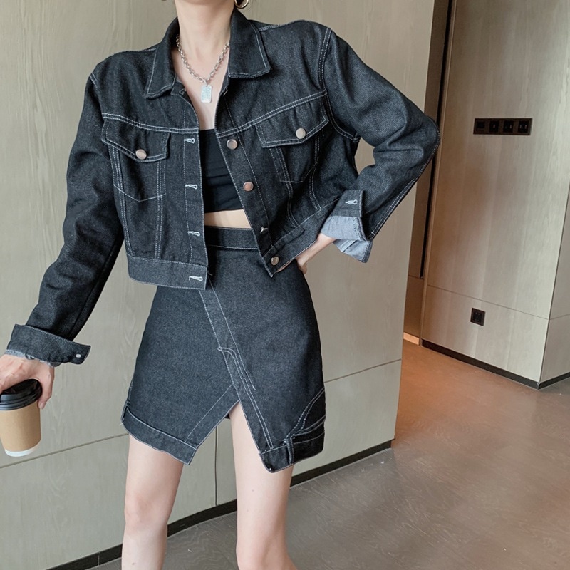 デニムセットアップ デニムジャケット デニムスカート セット オルチャン ハイウエスト レトロ レディース 韓国 Gジャン ミニスカート ミニ丈 膝上 長袖 スリム 細身 スマート スリット