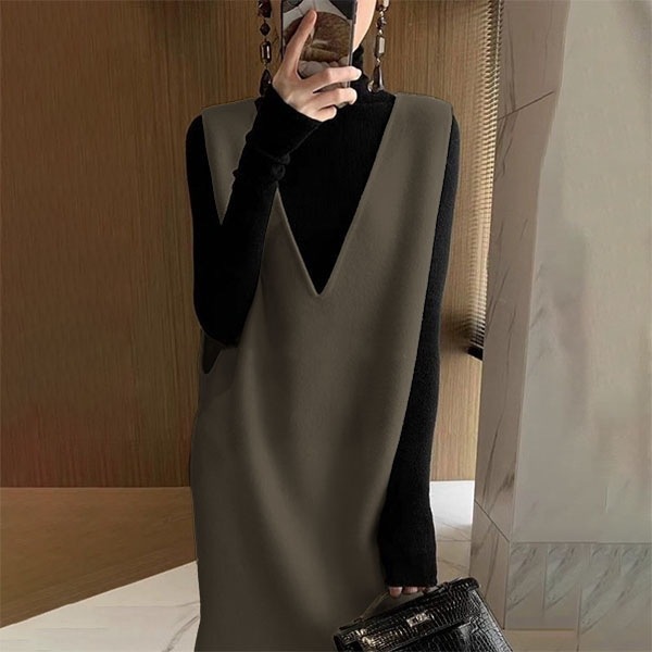 ワンピース ウール Vネック プルオーバー ロング丈 ルーズ ノースリーブ スリット 韓国 レディース かわいい 可愛い 大人可愛い 大人女子 きれいめ シンプル カジュアル 大人 上品