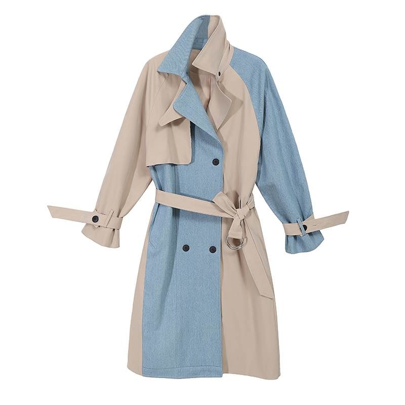 アウター トレンチ コート レディース デニム 異素材MIX ミドル丈 ダブルブレスト ロング コート ツートン ウエストマーク ウエストベルト 襟付き フロントボタン ポケット付き 大人 カジュ 大