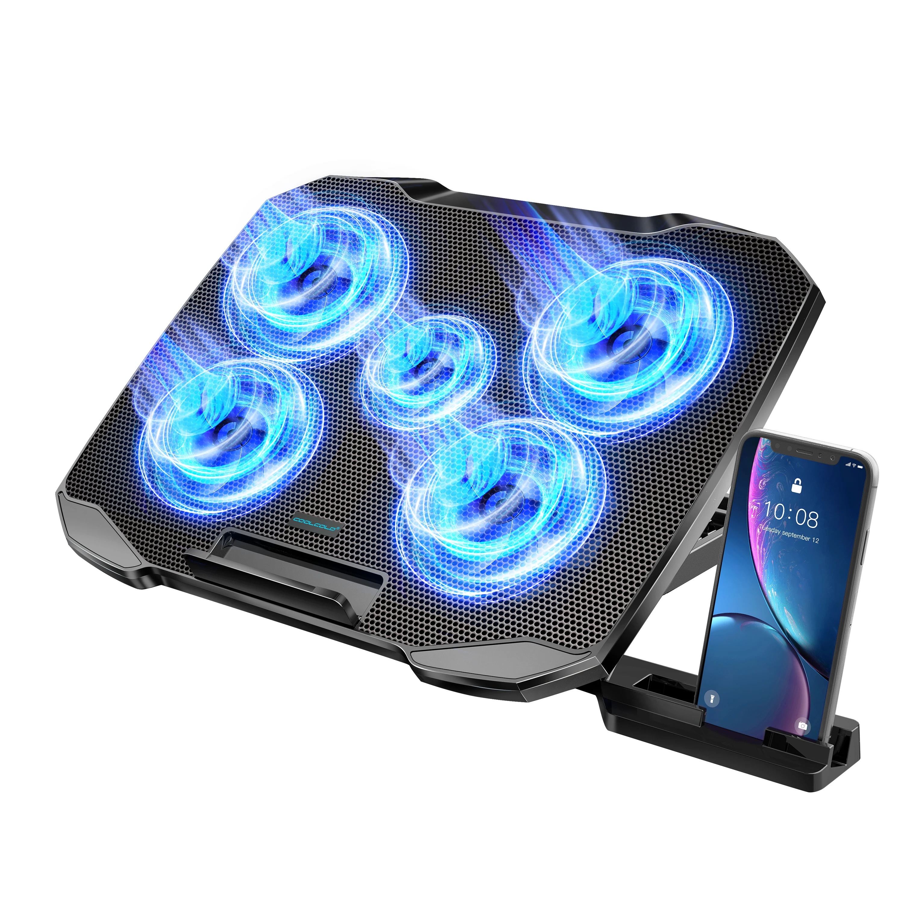COOLCOOLD ノートパソコン冷却パッド 12～17インチノートパソコン用 クーラースタンド 静音ファン5個 5段階角度調節可能 スマホホルダー付き