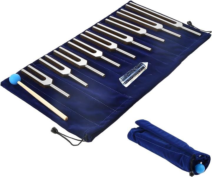 クリスタルチューナー 音叉 9本 水晶 付き セット ヒーリング 癒し 浄化 瞑想 ヨガ( シルバー)