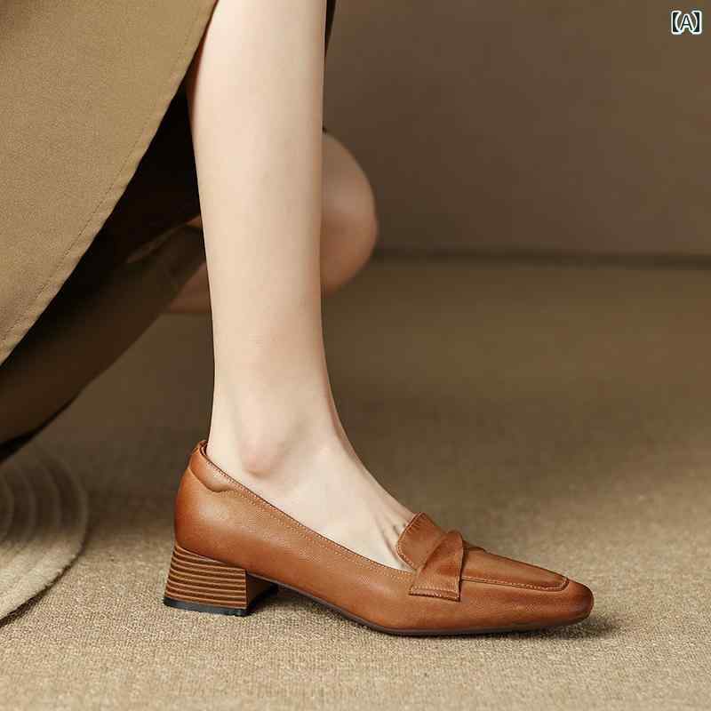 ローファー レディース オフィス 通勤 仕事 フランス レトロ 革 スクエアトゥ スリッポン 女性用 太い ヒール ミディアム ヒール ソフトレザー シープスキン カラー ブラッシュ シューズ 7,982円