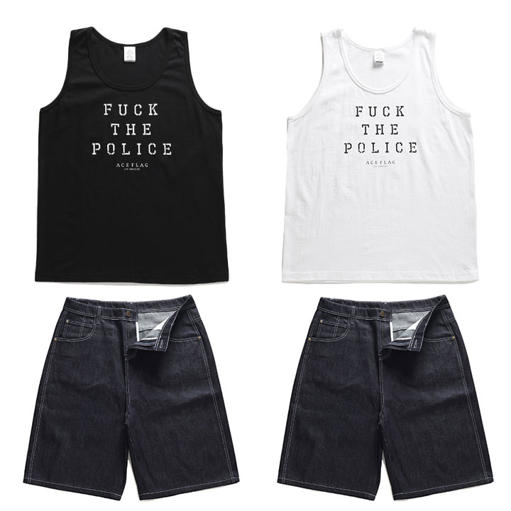 ACE FLAG 上下セット ノースリーブ デニム ハーフパンツ メンズ 黒/白 大きいサイズ エースフラッグ セットアップ Fuck the Police