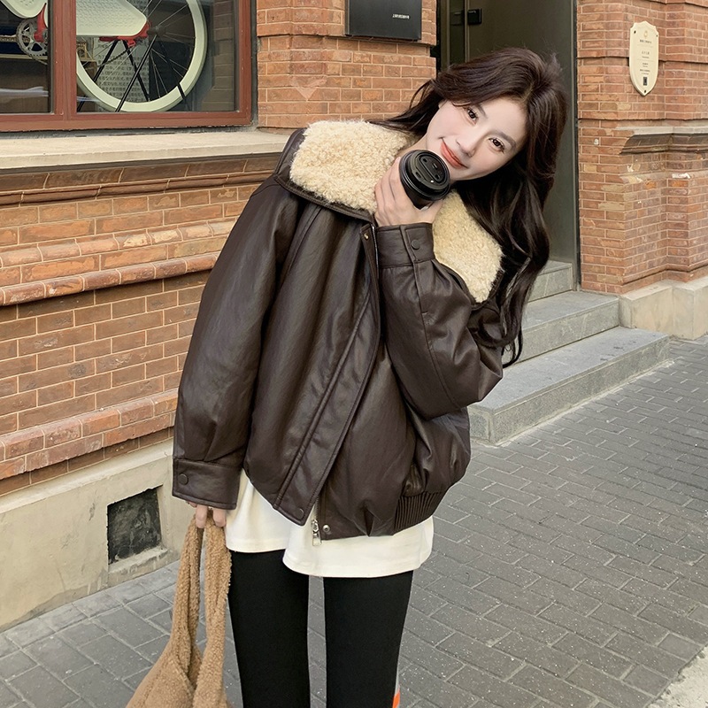 ラムウールラージラペル90ベルベットプロテインレザーダウンジャケット2024新作韓国風スモールバイクジャケット