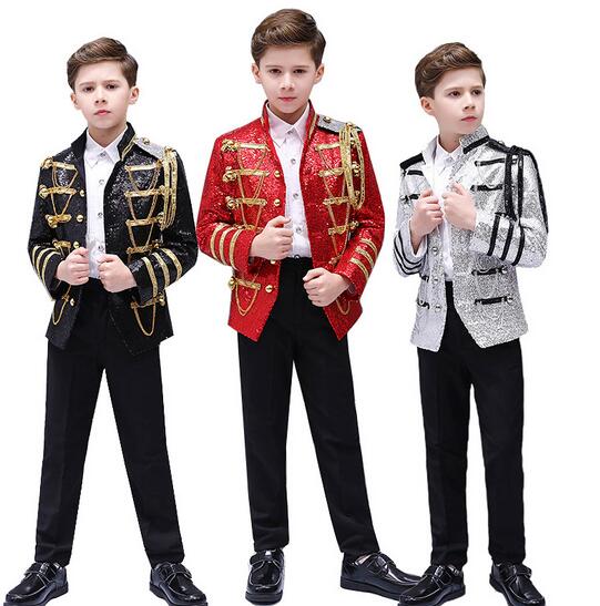 子ども演出服 スパンコール タキシードスーツジャケット　シャツ/パンツ追加可能　王子様 貴族将軍コスプレ服装 パーティー男の子 キッズ舞台ステージ衣装 キラキラ　演劇オペラ声楽 コスプレ衣装 クリスマ