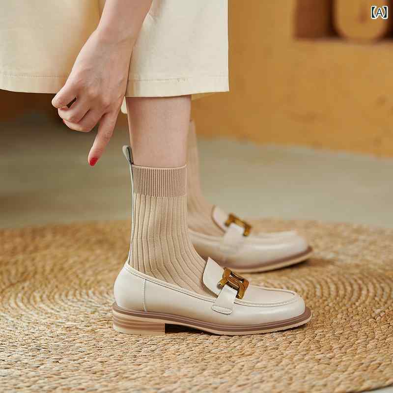 ソックス ブーツ ローファー レディース レトロ ストッキング ブーツ メタル バック ルフラット ショート ブーツ 英国 細 脚 弾性 ブーツ ニット ミッド カーフ 革 シングル ブーツ