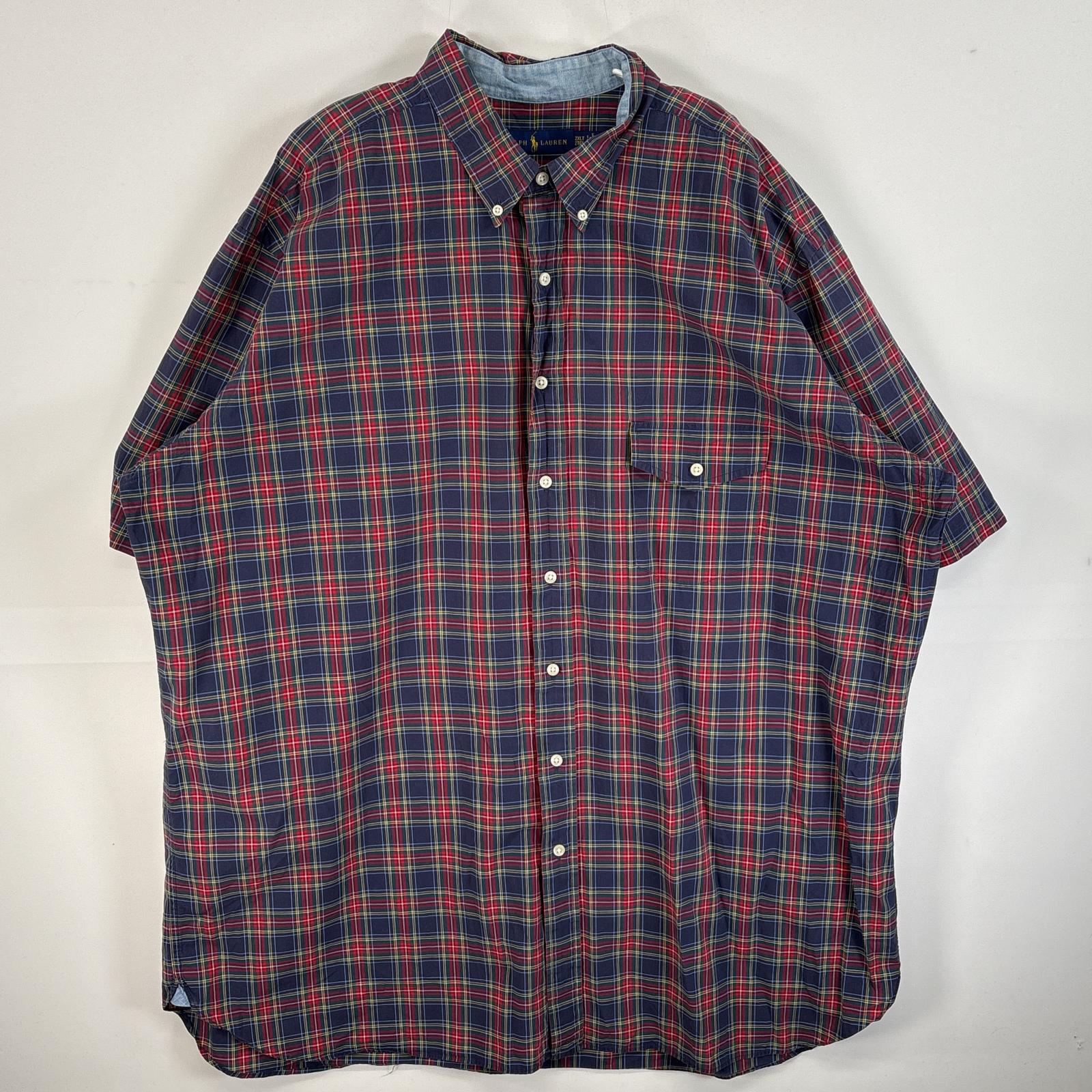 古着 半袖シャツ チェック ボタンダウン 大きいサイズ 薄手 2XLT ネイビー系 マルチカラー メンズ