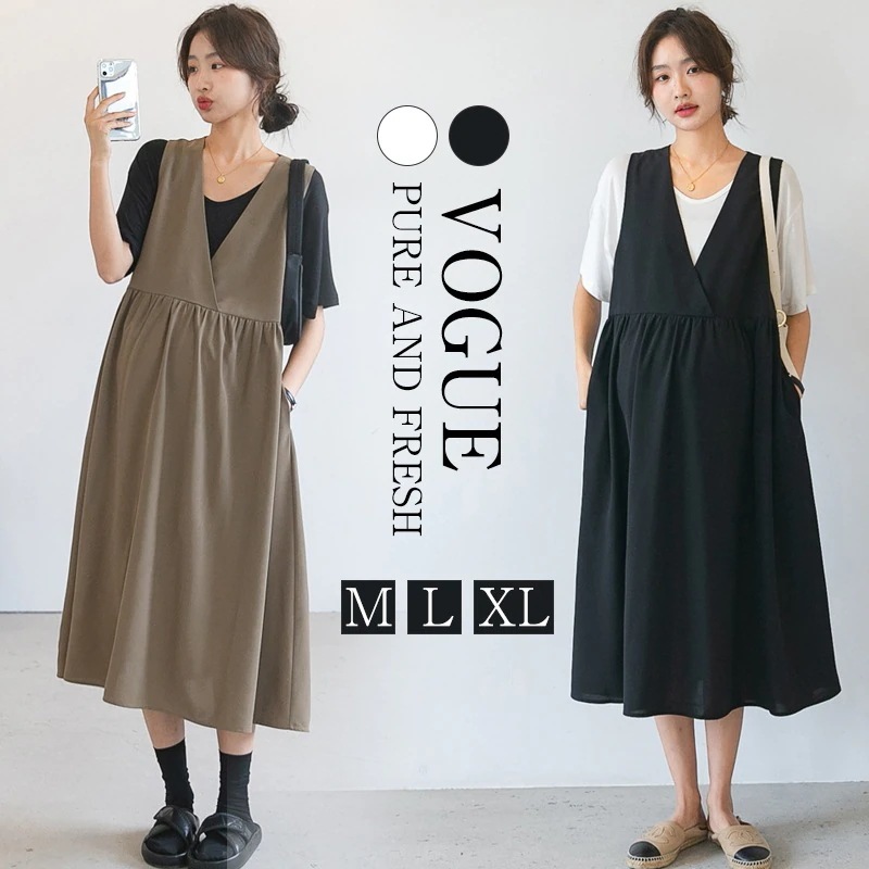 ワンピース ロング フレア ミモレ丈 マタニティ レディース 春夏秋冬 ジャンパースカート カットソーノースリーブ ジャンスカ 大人 可愛い 無地 カジュアル 大きいサイズ vネック 袖なし30%まで