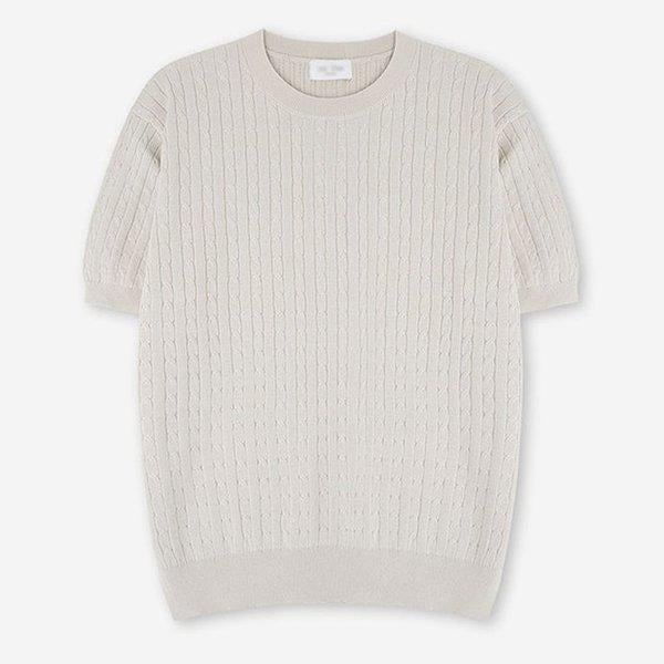 メンズケーブルリネンラウンド半袖ニットTシャツ AT-KNH-Q012-グレーベージュ