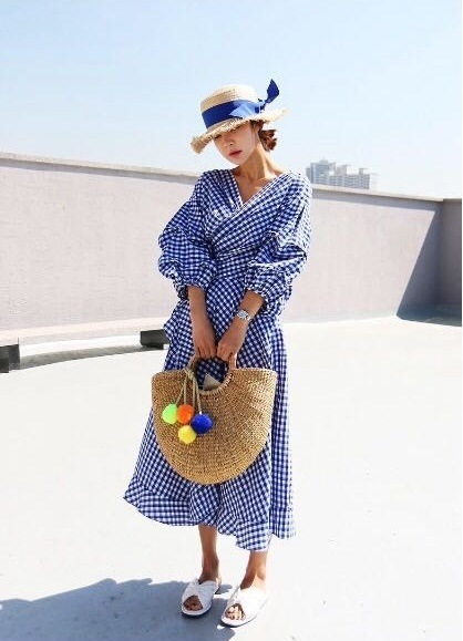 1088.ギンガムチェックカシュクールシャツワンピース(ブルー)