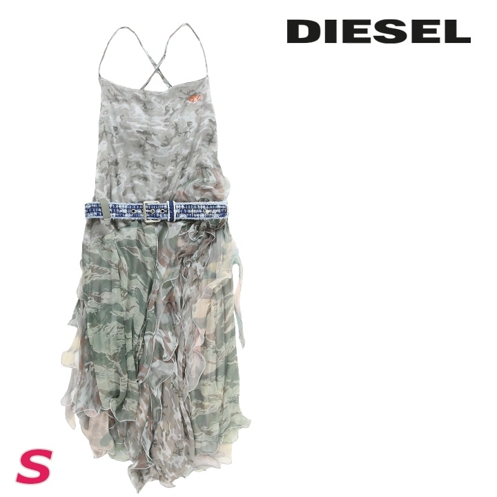 シルクレイヤードワンピース レディース D-CLAES-CMF ダメージ加工デニムベルト付き カモフラージュ柄 die-l-t-f8-3da