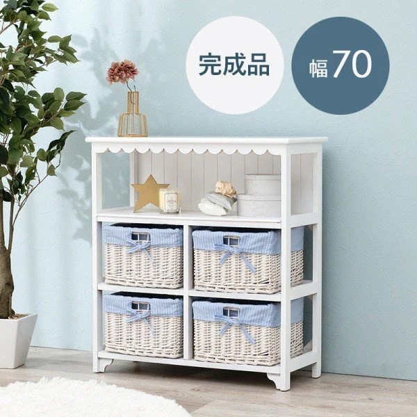 ガーリー調キャビネット バスケット 引出し4つ付 フェミニン 飾り棚 リビングボード 収納 家具