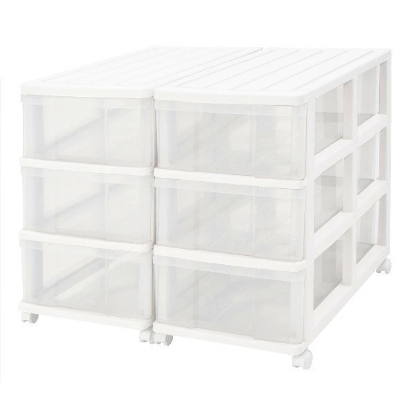 押入れ 衣装ケース プラスチック 引き出し 浅型 3段 2個組 おしゃれ ホワイト／クリア